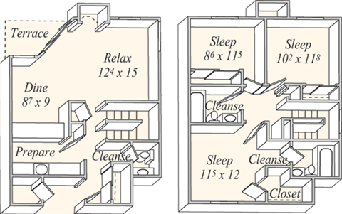 Floor plan for 3 beds, 2.5 baths, 1280 sqft